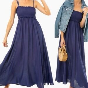 Tuckernuck Pomander Place Navy Blue Shallon Smocked Maxi Dress Size XS Boho Long